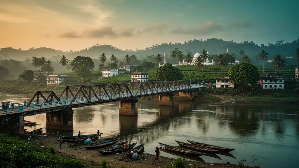 Il Ponte Keane attraversa il fiume Surma durante l'ora d'oro a Sylhet, Bangladesh, con piantagioni di tè e barche di legno lungo la riva