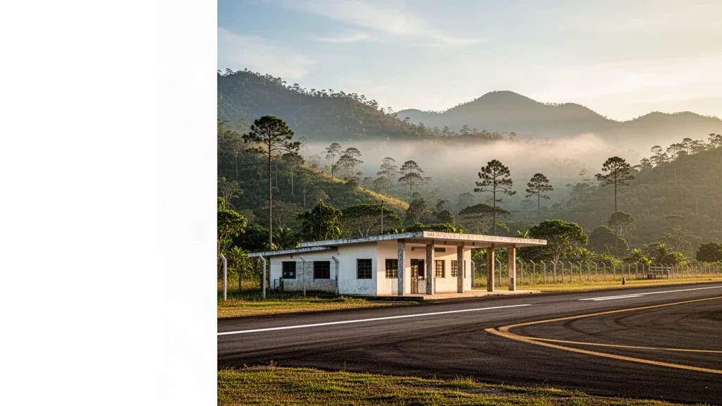 Petit aéroport rural d'Erandique EDQ au Honduras avec un terminal modeste et une piste entourée de montagnes verdoyantes.