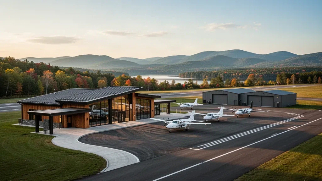 Modern timber-and-glass terminal and apron at Northeast Kingdom International Airport in Newport, Vermont, framed by autumn hills at golden hour