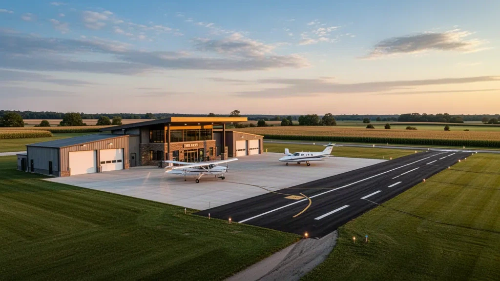 Vista durante la hora dorada de aviones ligeros estacionados en la plataforma junto a la terminal baja y los hangares del Aeropuerto Municipal de Jefferson en Iowa
