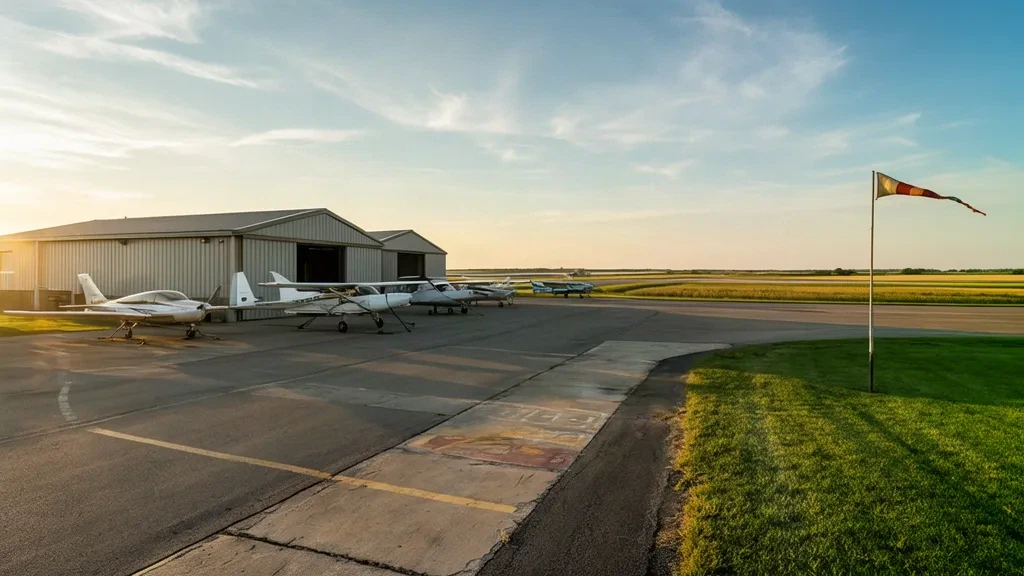 Iowa'daki Jefferson Municipal Airport EFW apronda park etmiş tek motorlu uçaklar, hangarlar ve sıcak gün sonu ışığı altında düz tarım arazileri
