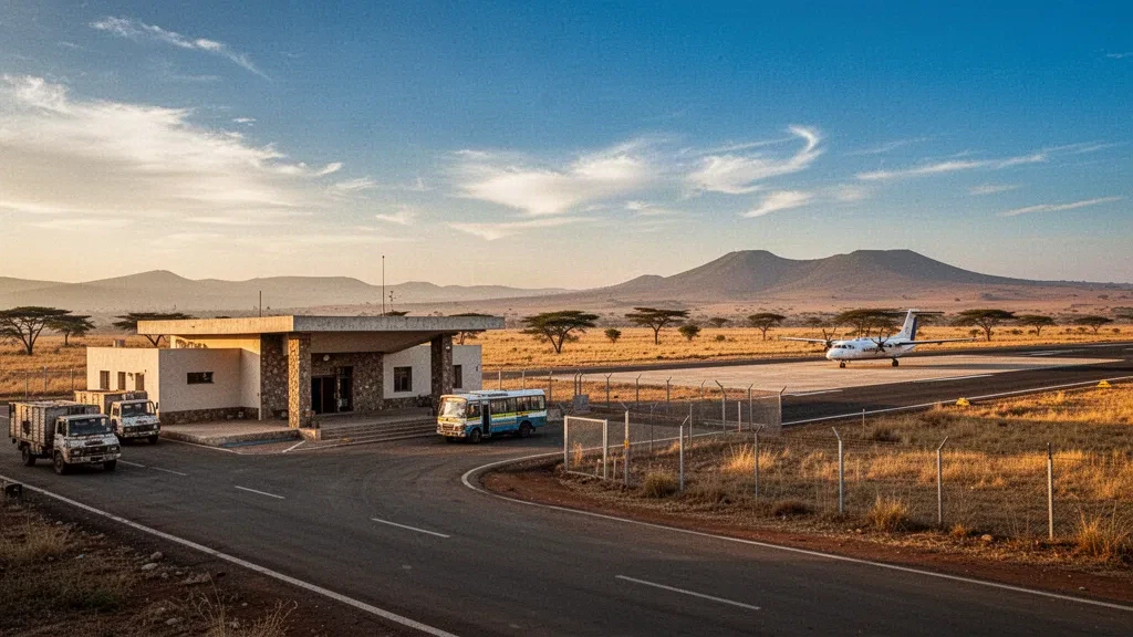 Negele Borana Airport terminal and apron in southern Ethiopia at golden hour, surrounded by dry savanna and acacia trees