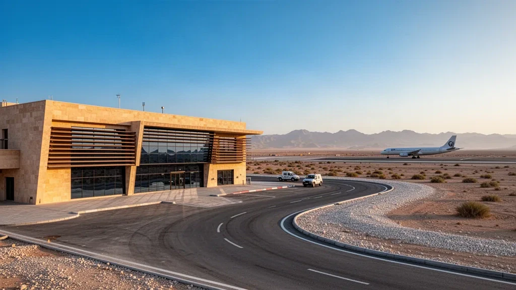 Flaches Wüstenterminal und sonniges Vorfeld am Flughafen El Gorah im Sinai, Ägypten, zur goldenen Stunde mit offenem Himmel