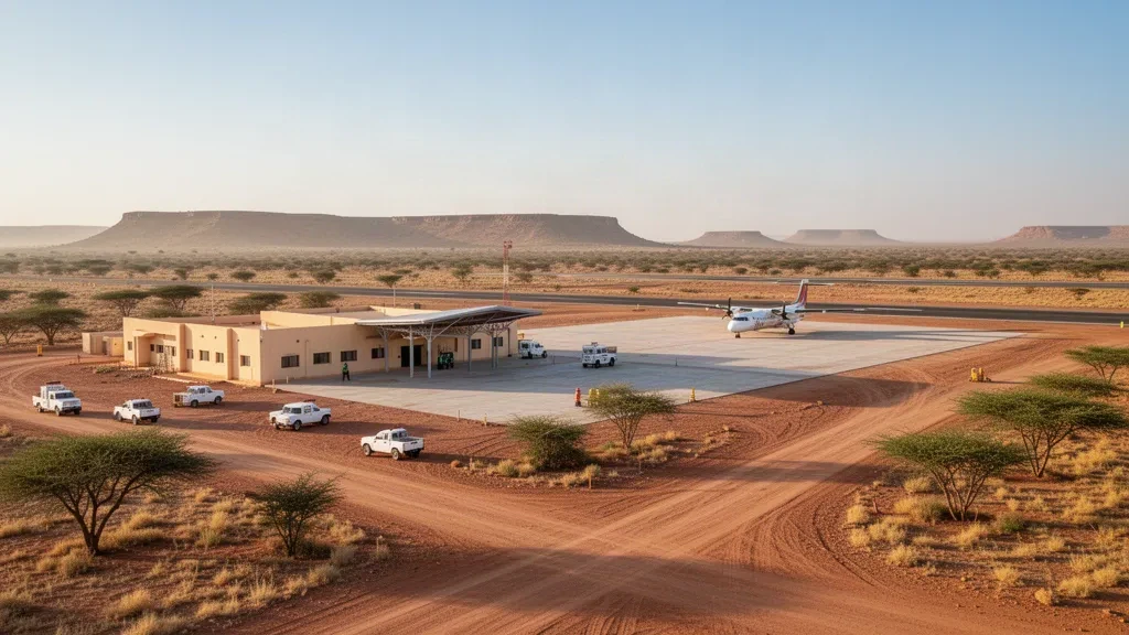 Veduta ampia del terminal dell'aeroporto di Geneina, della pista e della strada d'accesso polverosa in Sudan sotto la luce calda del pomeriggio per l'immagine principale del sito di viaggi.