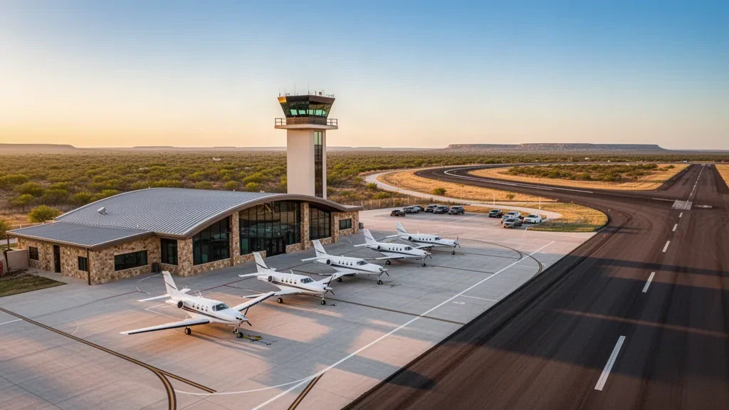 Eagle Pass yakınında küçük bir Güney Texas ilçe havalimanı terminali, kontrol kulesi ve park halindeki uçaklarla apronun altın saat görünümü