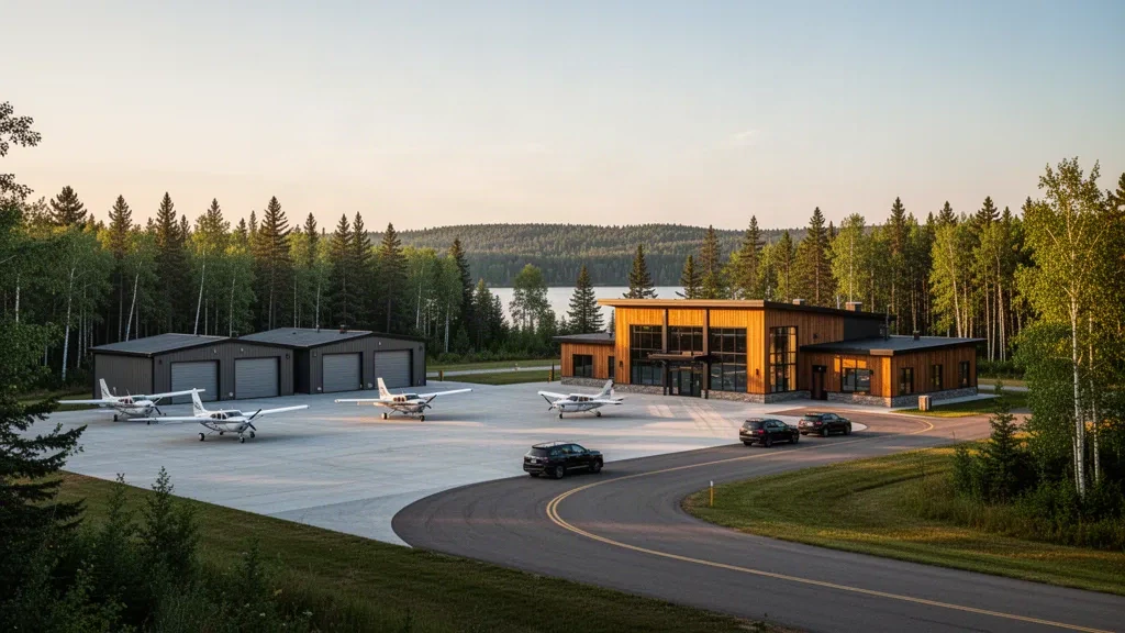 Wisconsin'deki Eagle River Union Havalimanı'nın altın saat görünümü; modern bir terminal, park halindeki hafif uçaklar ve arkasında çam ormanı