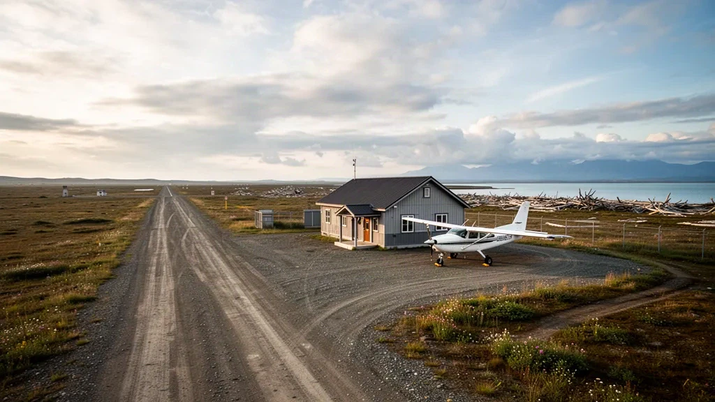 Kleine Schotterpiste und bescheidenes Terminal am Egegik Airport in Alaska, umgeben von Tundra und dem Wasser der Bristol Bay in weichem Sommerlicht