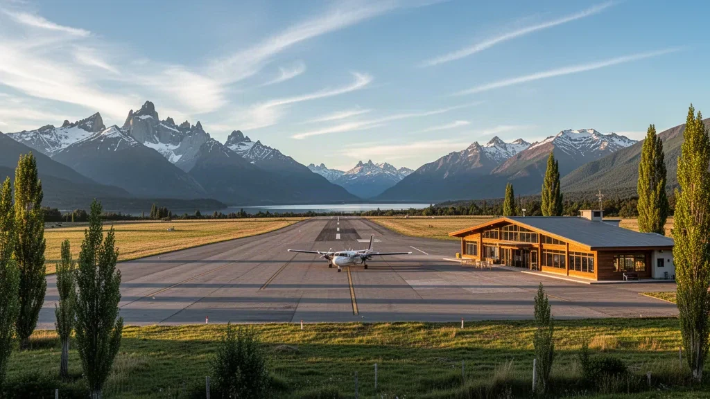 El Bolsón airfield terminal and runway in Patagonia, framed by Andes foothills under warm late-afternoon light