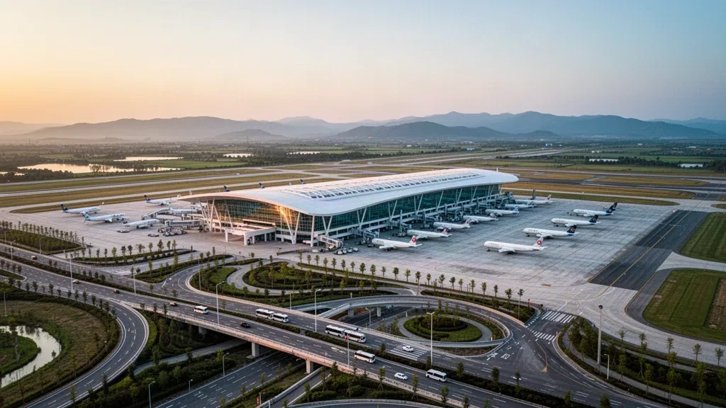 Modern glass terminal and cargo apron at Ezhou Huahu International Airport in Hubei at golden hour