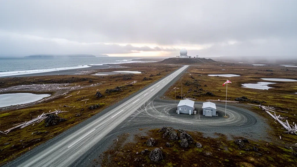 Pista remota de grava y tundra en el aeropuerto Cape Newenham LRRS, en la costa del mar de Bering de Alaska, bajo cielos árticos nublados