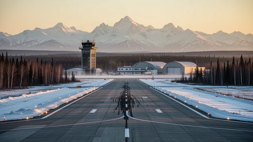 Piste enneigée, hangars et tour de contrôle à la base aérienne d'Eielson en Alaska sous un ciel froid à l'heure dorée