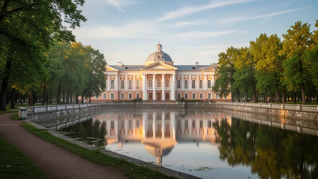 Le palais Roumiantsev-Paskevitch se reflétant dans l'étang du parc de Gomel, en Biélorussie, dans une lumière chaude de fin d'après-midi