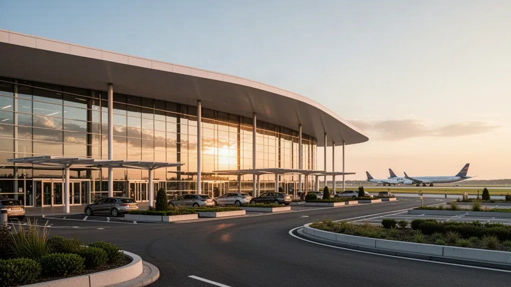 Moderne Glasfassade des Terminals am Flughafen Eindhoven mit geschwungenem Dach, Bringspuren und Flugzeug in warmem Abendlicht