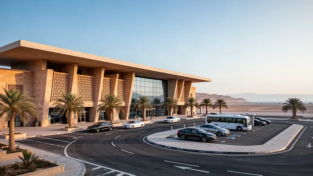 Modernes niedriges Terminal und Vorfahrtsbereich am Inlandsflughafen Al Wajh an der Küste des Roten Meeres in Saudi-Arabien zur goldenen Stunde