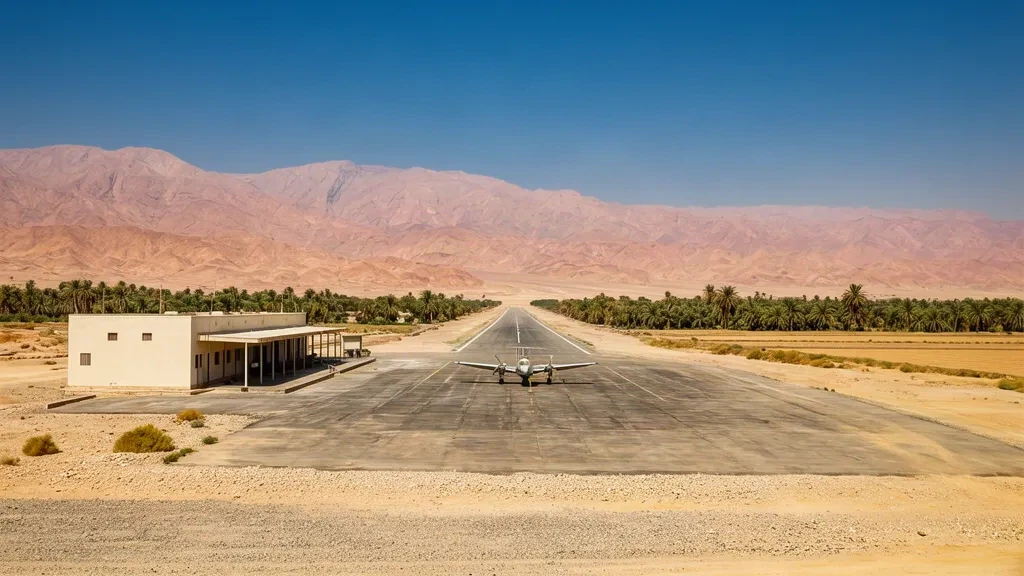 Kleines Terminal und sonnenbeschienenes Vorfeld am Flugfeld Ein Yahav (EIY) im Arava-Tal in Israel, umrahmt von kargen Wüstenbergen