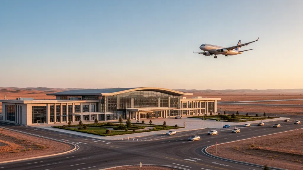 Extérieur moderne du terminal de l'aéroport d'Ejin Banner Taolai avec voies d'accès, paysage désertique et ciel dégagé, capturé dans une chaude lumière dorée.
