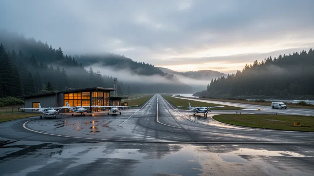 Coastal morning mist over the terminal, apron and runway at Murray Field Airport in Eureka, California
