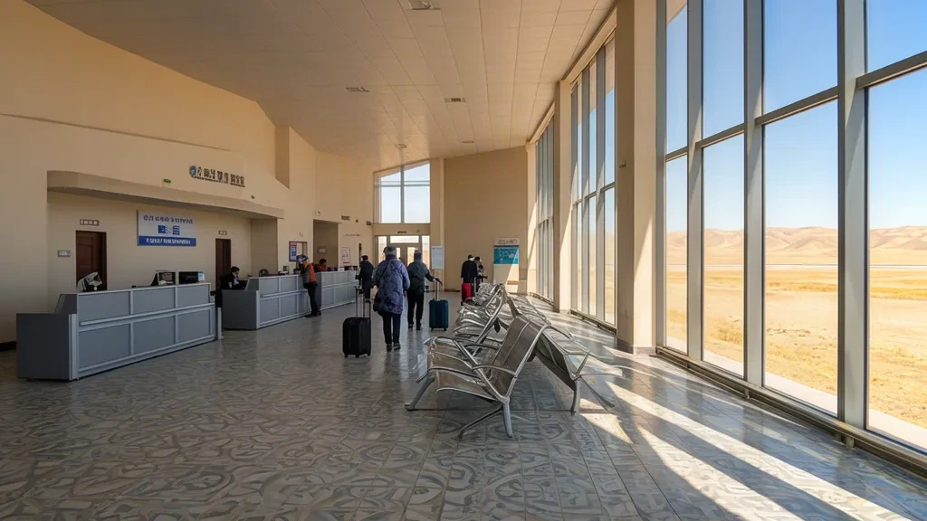 Interno della hall del check-in all'aeroporto di Ejin Banner Taolai in Mongolia Interna, con viaggiatori e luce diurna del deserto attraverso le finestre del terminal