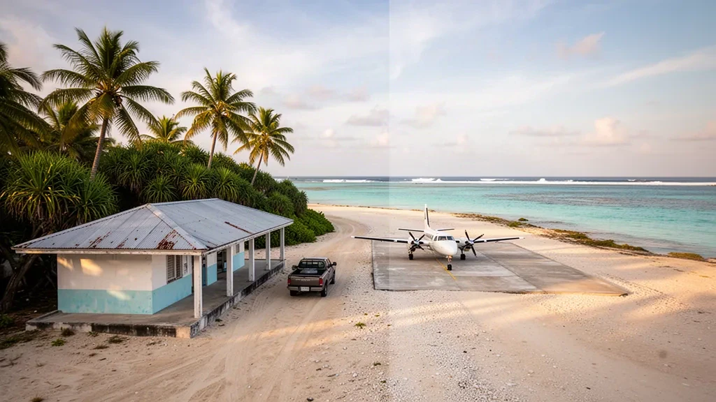 Pista de aterrizaje remota en una isla tropical y pequeña terminal del aeropuerto de Enejit en las Islas Marshall, rodeada de palmeras y una laguna turquesa a la hora dorada.