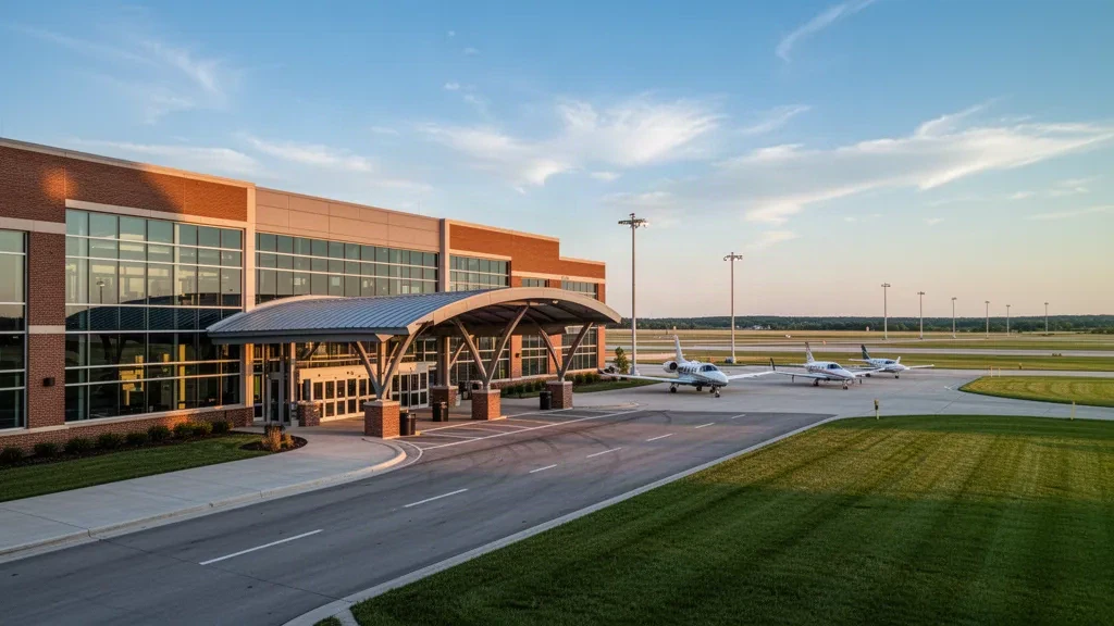 Terminal moderna de vidrio y plataforma de aeronaves en el Aeropuerto Municipal de Elkhart en Indiana, fotografiados a la hora dorada con luz cálida y cielo despejado