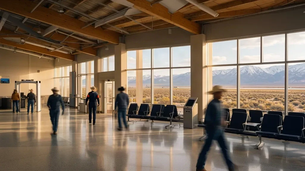 Viajeros dentro de la terminal del aeropuerto regional de Elko en Nevada, con luz diurna brillante y vistas a las montañas del alto desierto más allá de las ventanas