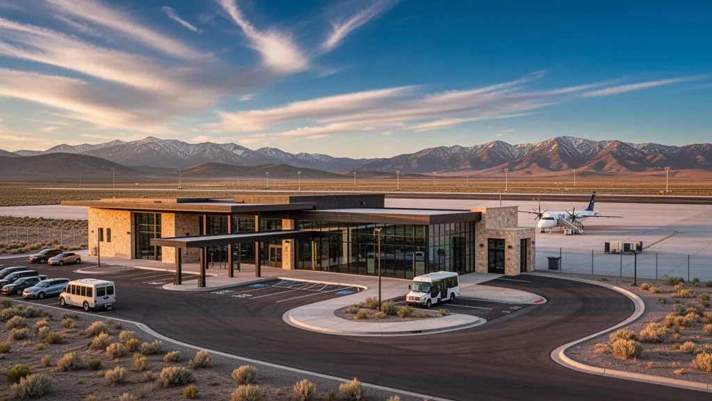 Petit terminal aéroportuaire régional moderne et piste désertique à Elko, Nevada, avec des montagnes lointaines poudrées de neige en arrière-plan à l'heure dorée