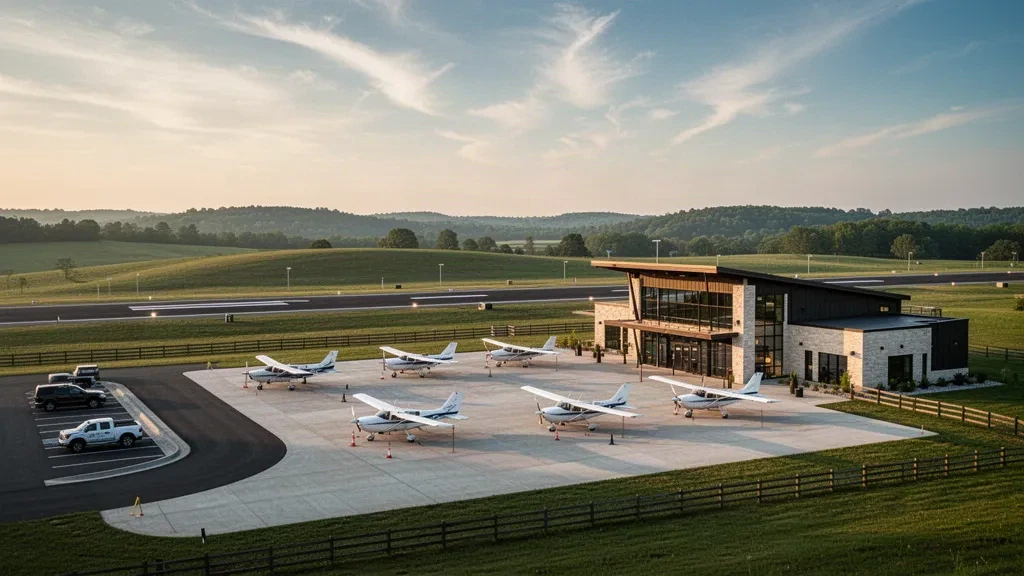 Addington Field in Elizabethtown, Kentucky, shown at golden hour with a small general aviation terminal, ramp and light aircraft.