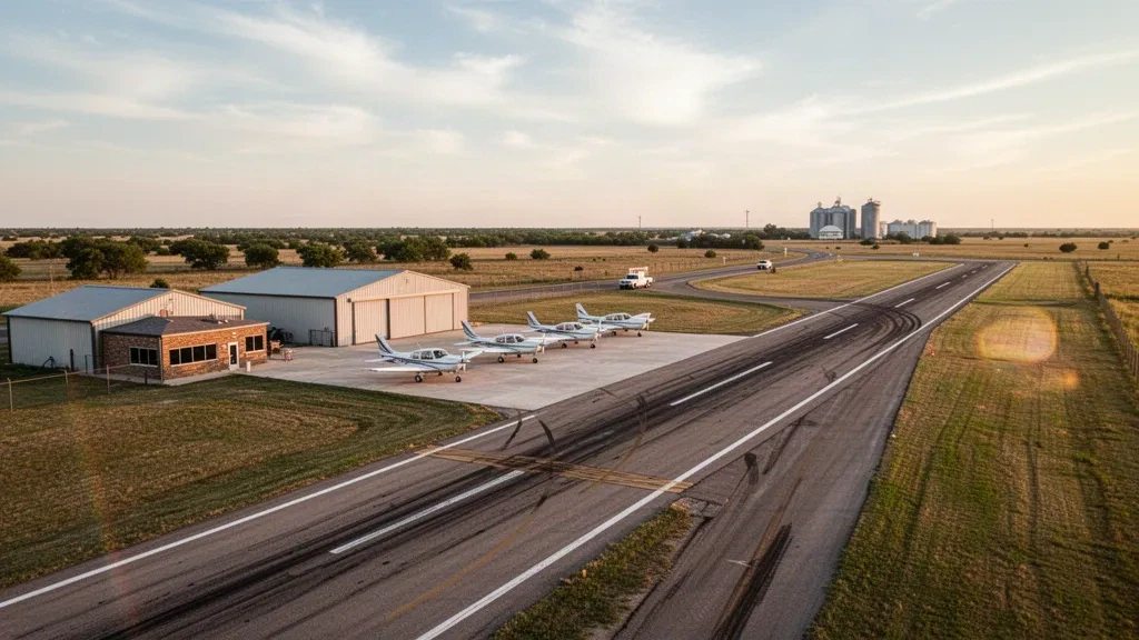 Piccolo campo di aviazione generale a Eagle Lake, Texas, durante l'ora d'oro, con una singola pista, hangar bassi e aeromobili leggeri parcheggiati.