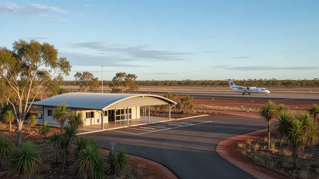 Wide golden-hour view of Elcho Island Airport terminal, runway and tropical Northern Territory landscape, Australia.