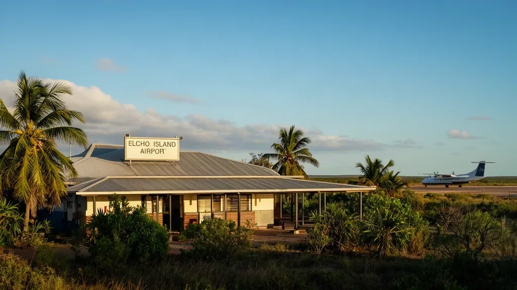 Außenansicht des Terminals des Flughafens Elcho Island in Galiwinku, Northern Territory, mit tropischen Bäumen, blauem Himmel und einem kleinen Flugzeug auf dem Vorfeld.