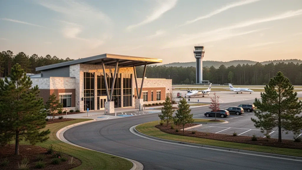 Terminal et aire de trafic de South Arkansas Regional Airport at Goodwin Field à El Dorado, Arkansas, à l'heure dorée