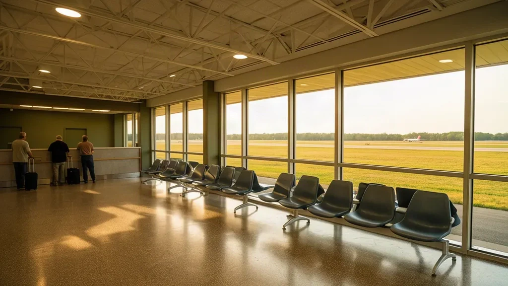 Interno del terminal del South Arkansas Regional Airport at Goodwin Field a El Dorado, con sedili d'attesa e finestre affacciate sul campo di aviazione