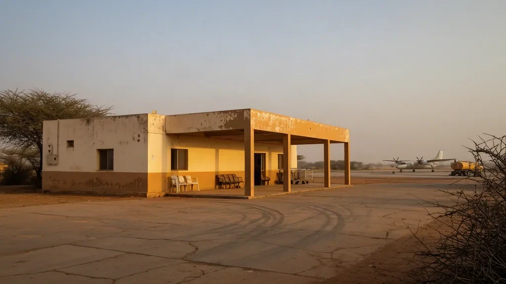 Außenansicht des Terminals des Flughafens El Fasher in Nord-Darfur, Sudan, mit staubigem Vorfeld in warmem Licht am späten Nachmittag