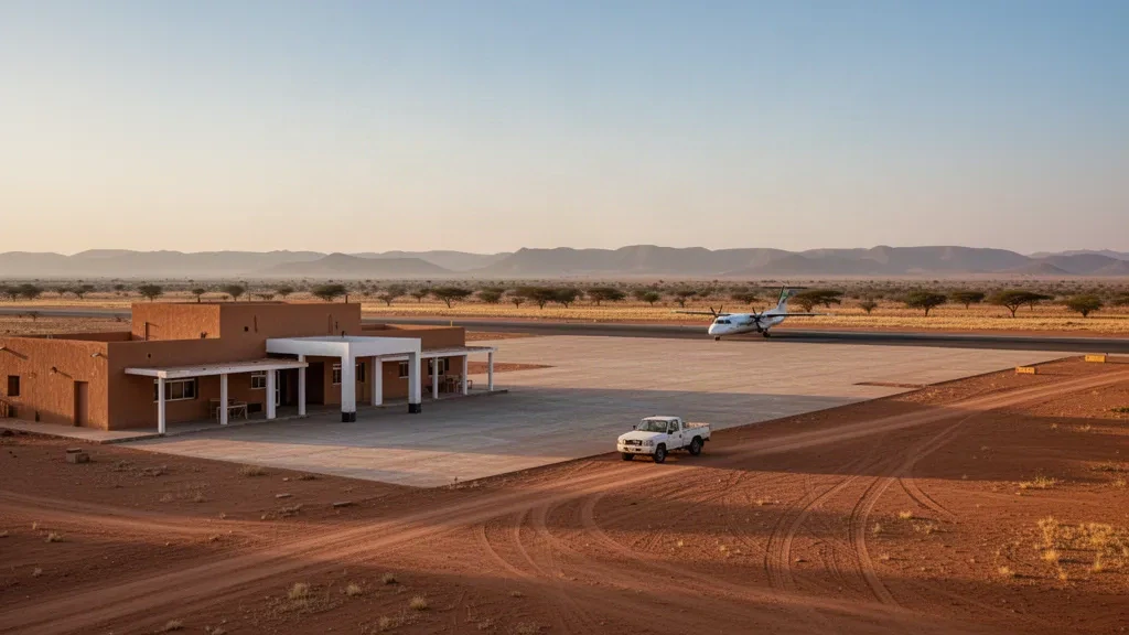 Terminal baja de color arena y plataforma seca en el aeropuerto de El Fasher, en Darfur del Norte, Sudán, bajo una cálida luz dorada y polvorienta