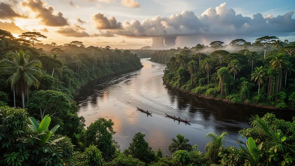 Il fiume Congo che serpeggia attraverso la densa foresta pluviale dell'Africa centrale con tradizionali piroghe di legno sotto la calda luce del tardo pomeriggio