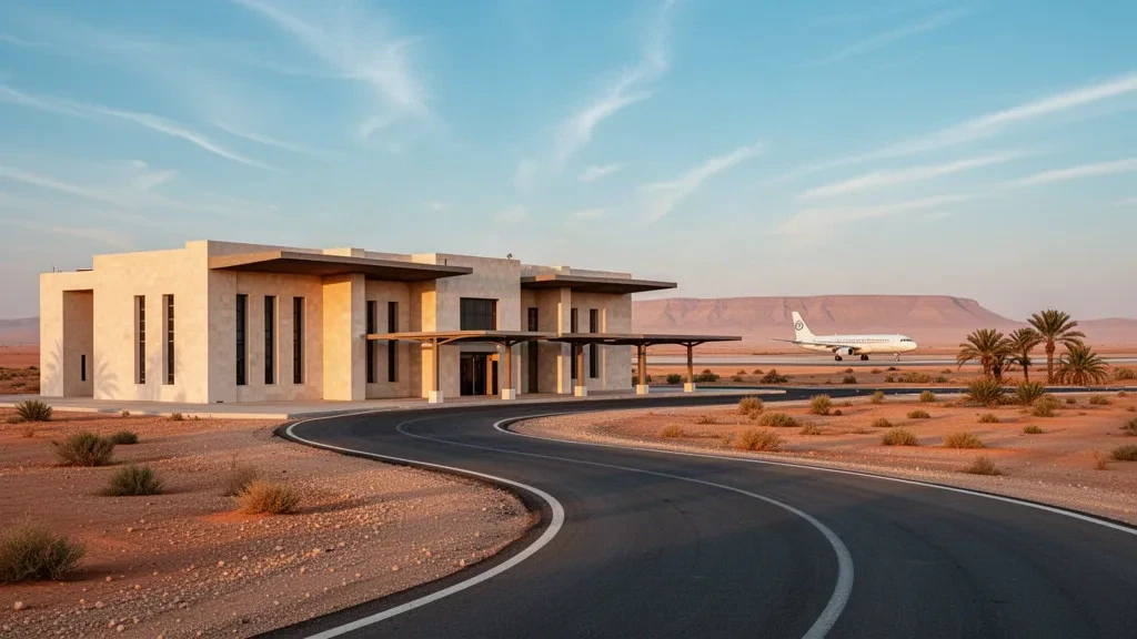 Wüstenterminal und Bringspur am Flughafen El Golea in Algerien, umrahmt von Sahara-Sand und Palmen in warmem goldenem Licht