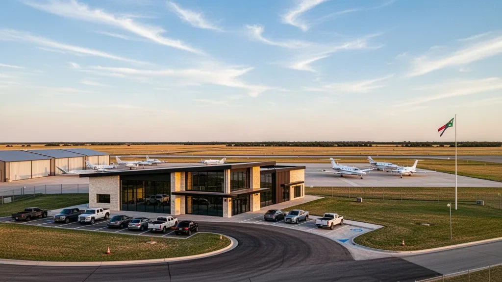 Light business jet and turboprop aircraft parked on the apron beside the low modern terminal at Elk City Regional Business Airport, Oklahoma