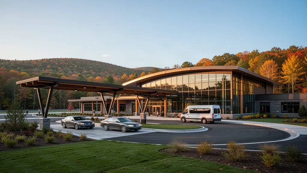 Moderne Glasfassade des Terminals am Elmira Corning Regional Airport in Big Flats, New York, die zur goldenen Stunde leuchtet, mit bewaldeten Hügeln im Hintergrund.