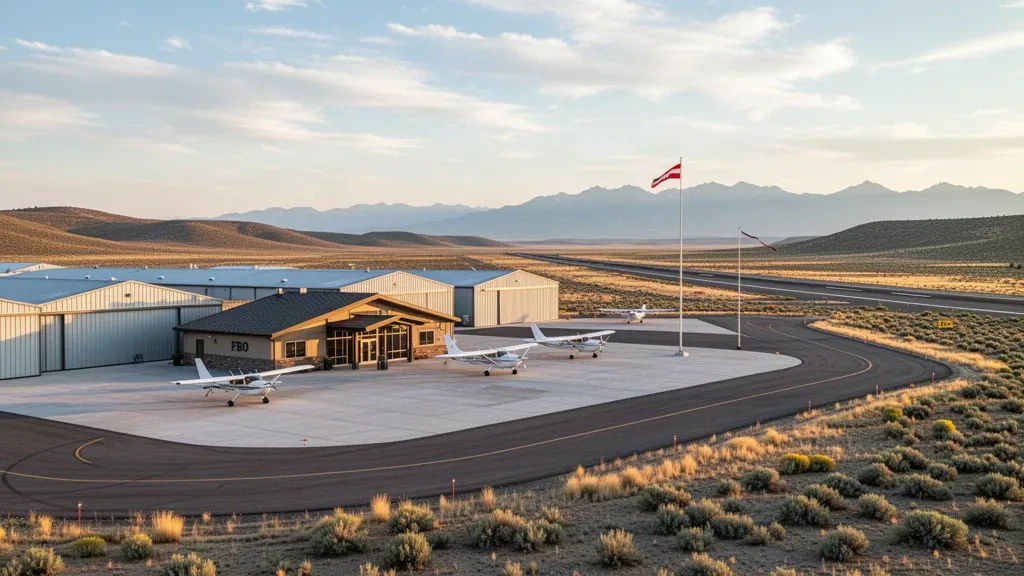 Small general aviation terminal, hangars and aircraft apron at Bowers Field in Ellensburg, Washington, in warm golden-hour light