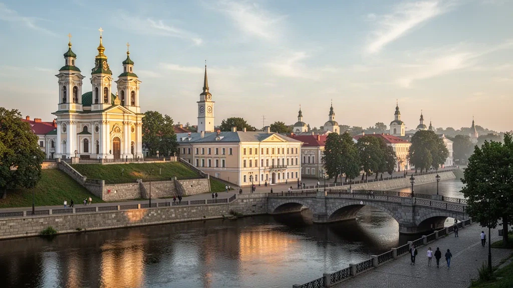 Catedral de la Asunción y perfil del casco antiguo de Vítebsk sobre el río Dvina Occidental a la hora dorada en Bielorrusia