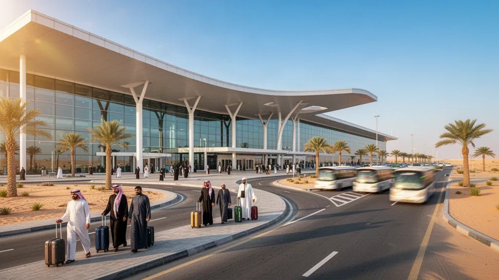 Terminal moderne en verre et voies de dépose à l'aéroport international Prince Naif bin Abdulaziz à Buraydah, Arabie saoudite, à l'heure dorée.