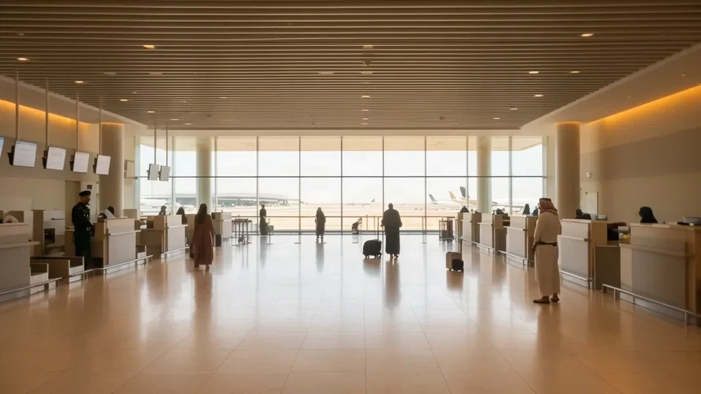 Intérieur du hall de départ de l'aéroport international Prince Naif bin Abdulaziz à Qassim, Arabie saoudite, avec comptoirs d'enregistrement et lumière du jour.