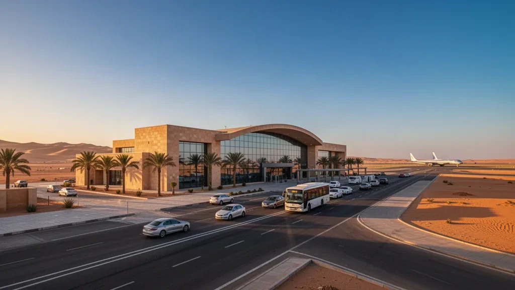 Modernes Wüstenterminal und Zufahrtsstraßen am Flughafen Guemar bei El Oued, Algerien, im warmen Licht der goldenen Stunde mit offener Fläche für Reise-Website-Layouts.
