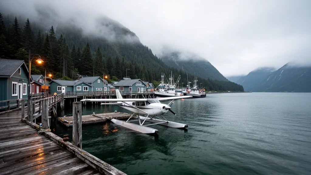 Floatplane docked at Elfin Cove Seaplane Base on a misty forested Alaska fjord with wooden boardwalk and fishing boats