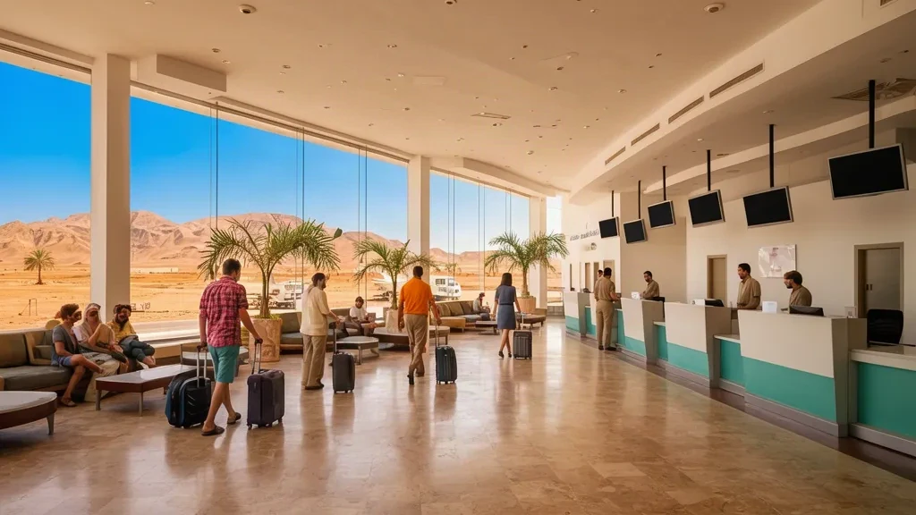 Voyageurs avec bagages à l'intérieur du terminal moderne de l'aéroport d'El Tor (ELT) dans le sud du Sinaï, en Égypte, éclairé par la lumière chaude du désert.