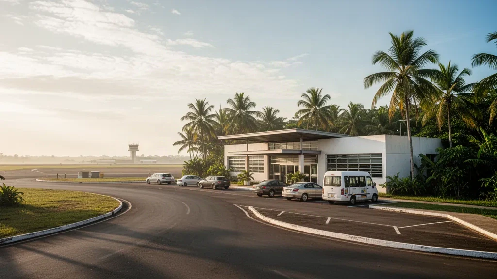 Low-rise tropical terminal entrance and palm-lined drop-off lane at El Tigre Airport in Anzoátegui, Venezuela, under warm golden-hour light