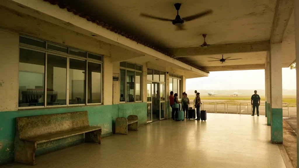 Pequeño edificio terminal regional en el Aeropuerto El Tigre, en Anzoátegui, Venezuela, con pasajeros esperando bajo una pasarela cubierta