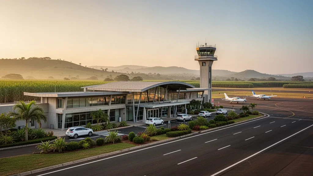Flaches Terminal und ruhiges Vorfeld am Flughafen Empangeni in KwaZulu-Natal, Südafrika, in warmes Licht zur goldenen Stunde getaucht.