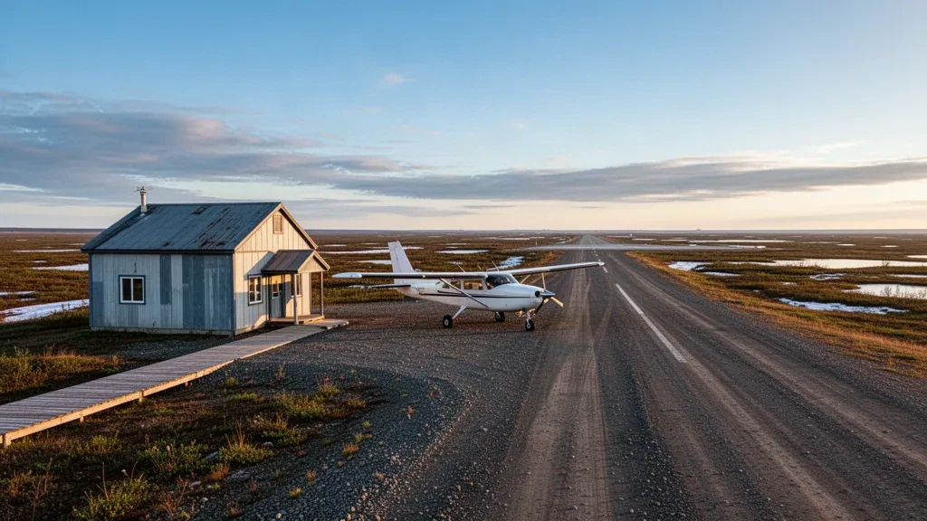 Pequeña avioneta de transporte rural de Alaska estacionada junto a la pista de grava del Aeropuerto de Emmonak bajo un amplio cielo de hora dorada.