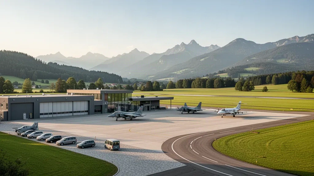 Base aérienne d'Emmen à Lucerne, en Suisse, avec hangars, aire de trafic, voie de circulation et contreforts alpins dans une lumière dorée